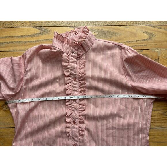 Vintage 80s Victorian Pink Ruffled Trim Modest Blouse Large Cottage High Collar - Picture 6 of 10